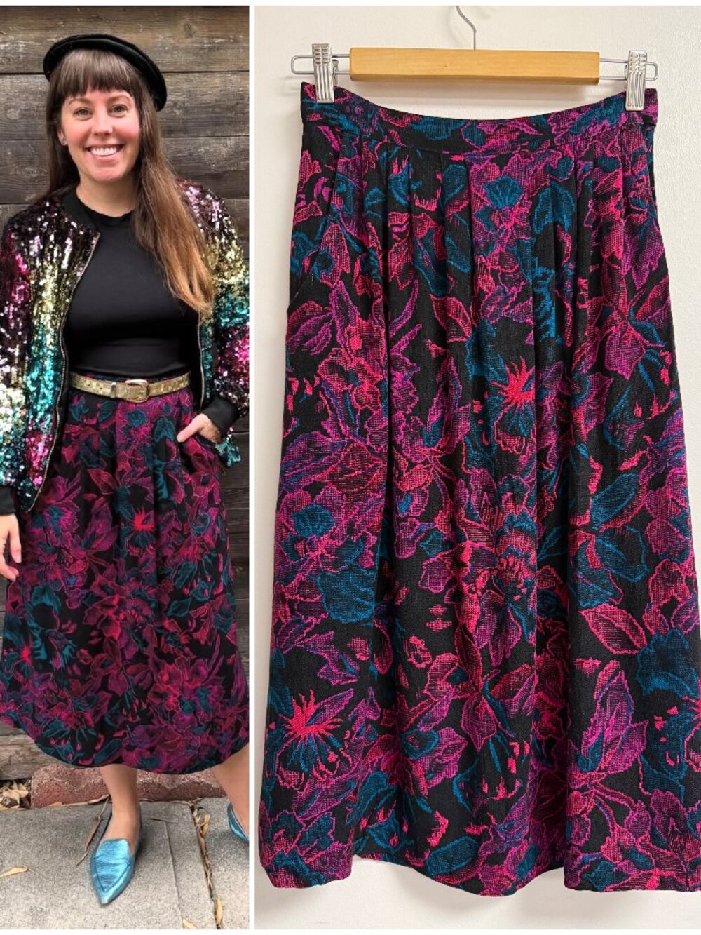 Vintage 80s 90s Dark Floral A Line Pleated Midi Skirt Small